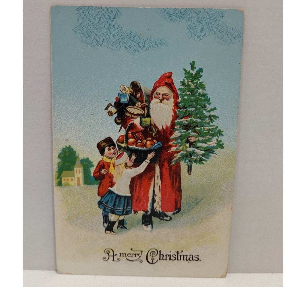 Antique Christmas Postcard Santa Claus Gives Children a Basket of Fruit Germany